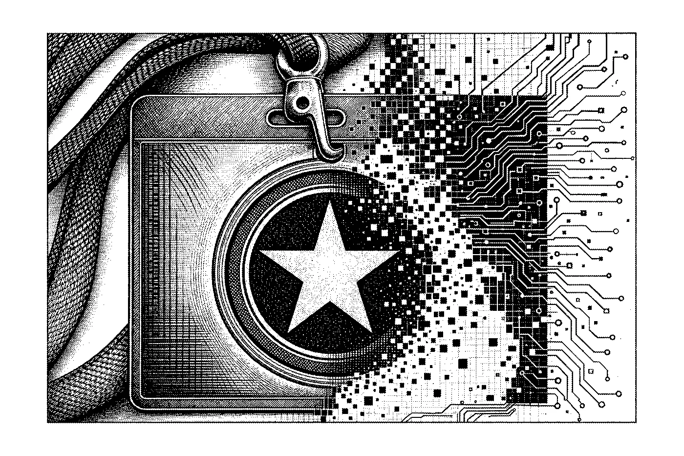 A fine-line engraving: an all-access laminate pass hanging from a woven lanyard, its header bar etched in crosshatch and a punched clip at the top — one key, every room.