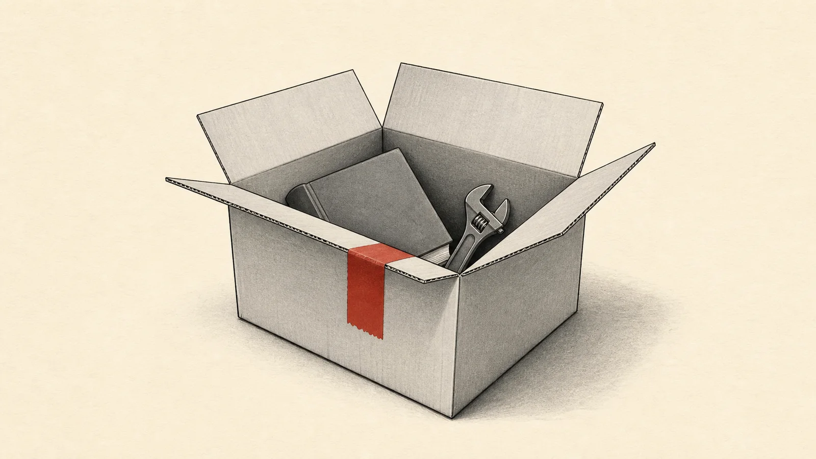 A fine-line engraving: an open corrugated parcel with a book and a wrench standing up out of it and a strip of packing tape across the front — the kit you run a business on.