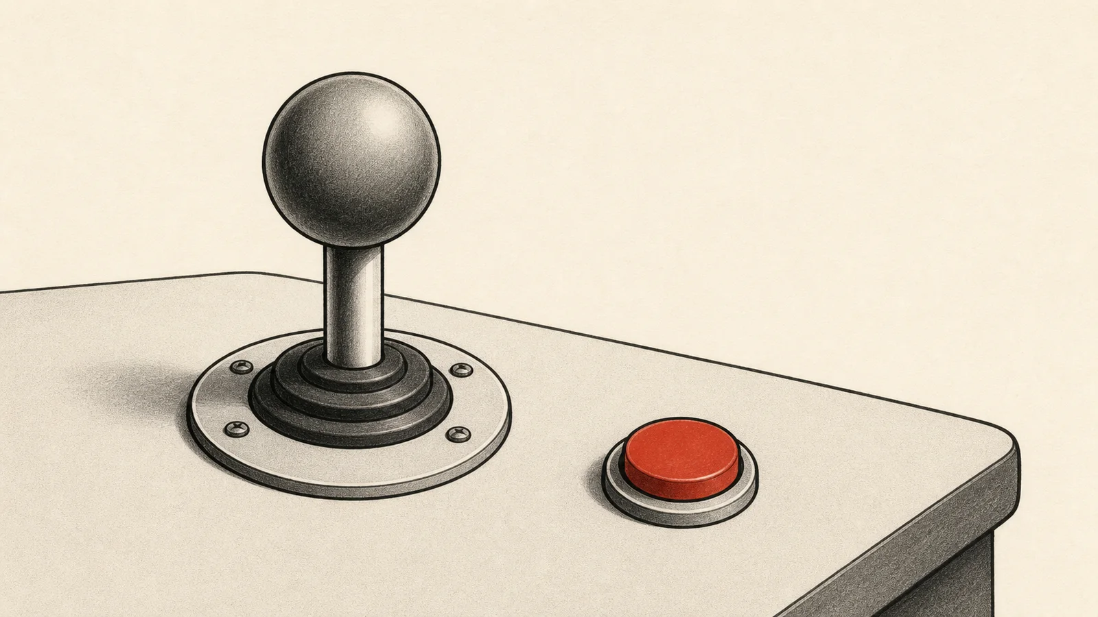A fine-line engraving: an arcade joystick and a round beveled push-button beneath a small pixel invader set in a radiant burst — play, no quarters needed.