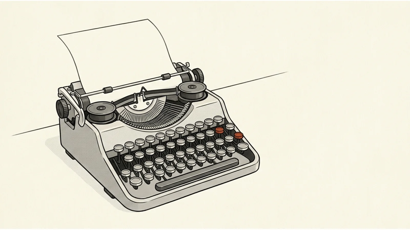 A fine-line engraving: a teletype machine with a keyed control head and an on-air signal lamp, printing a long dispatch that curls out and down — build logs, posted as they happen.