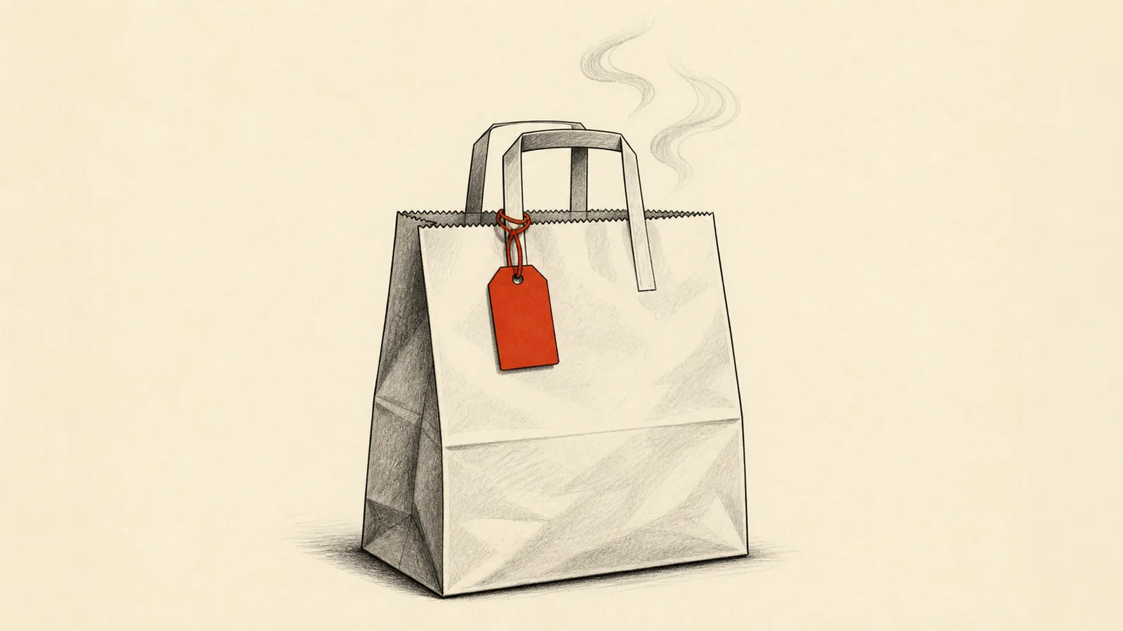 A fine-line engraving: a folded-top takeout noodle pail with two chopsticks standing in it and steam rising — delivery, meal kits, good eats.