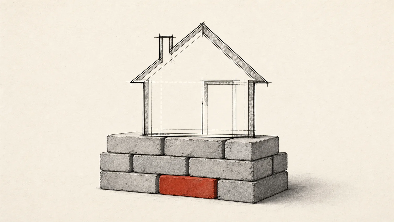 A fine-line engraving: a small house built from stacked brick courses with a beaded keystone block bearing a code tag at the gable apex — hand-built, you own every line.