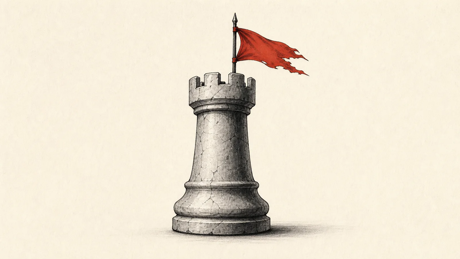A fine-line engraving: a tall crenellated rook chess piece with fluted stone courses and an arrow-slit, flying a swallowtail banner from a finialled mast, standing on a checkered board — built and run on rails you own.