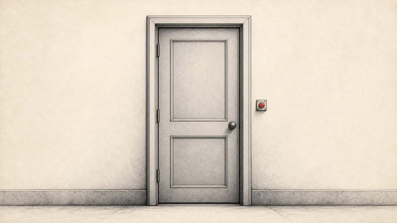 A fine-line drawing: a plain closed door set in a blank wall of an empty corridor, with a single red buzzer on a small plate beside it. Nothing else — you have to know to knock.