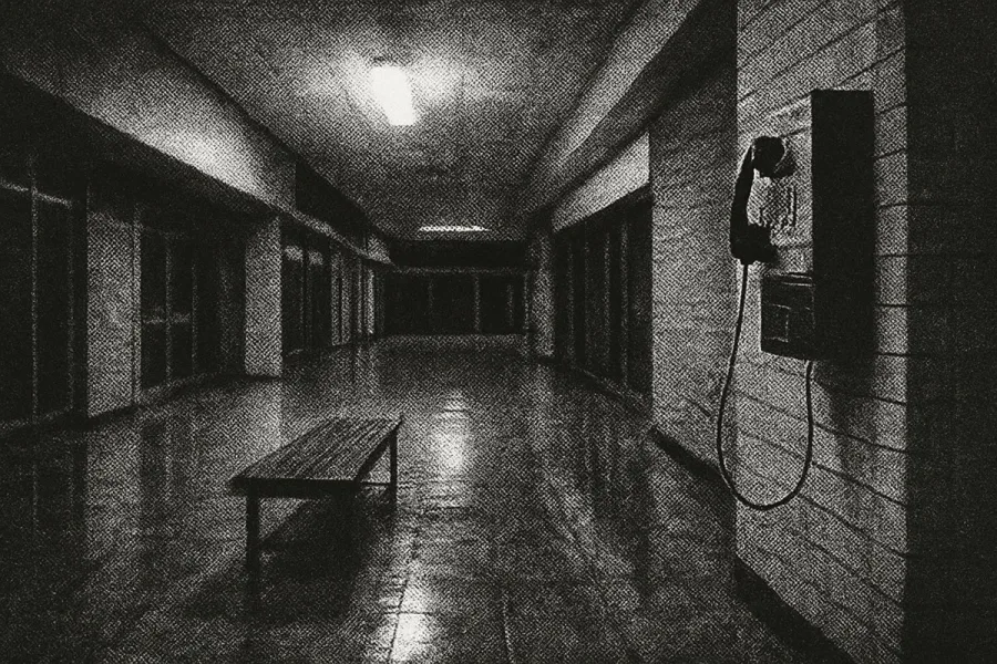 Empty mall corridor at night with a payphone receiver hanging off the hook, halftone photo