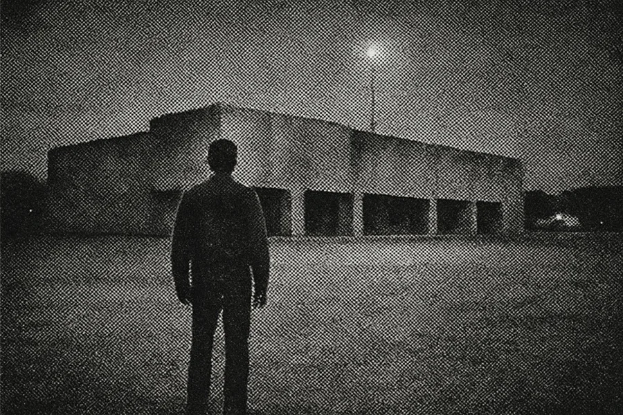 A lone man at dawn facing a strange mall at the edge of town, grainy halftone press photo