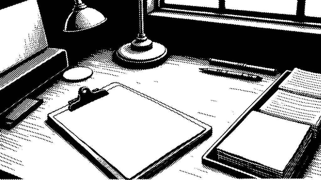Halftone ink illustration of two hands laying a freshly printed sheet onto a desk stacked with papers beside a desk lamp.