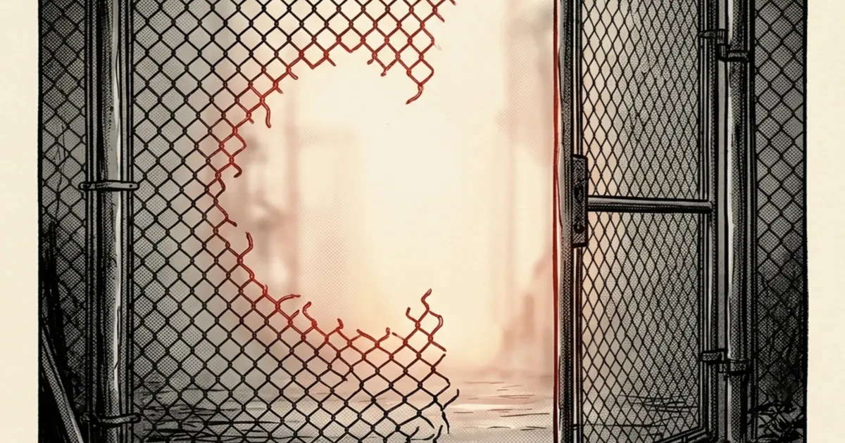 Inked illustration: a hole cut in the fence, the gate left open.