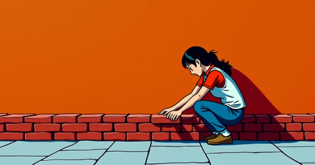 a woman crouched on a stone terrace laying bricks into a low wall she is building by hand, one course at a time, against a flat orange sky