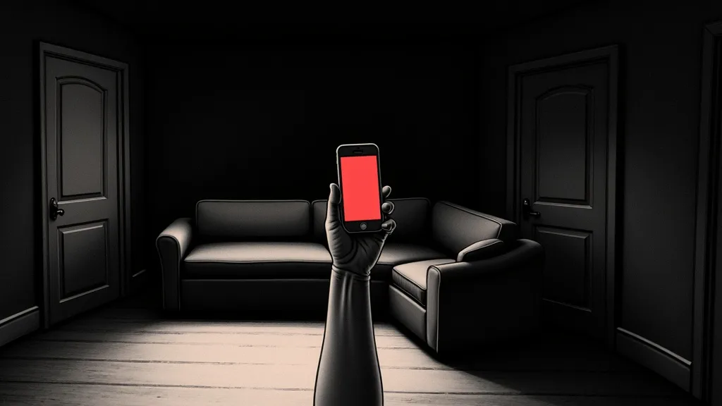 Ink and halftone illustration of a hand raised in a pitch-dark room holding a phone whose screen throws a hard red light across the furniture
