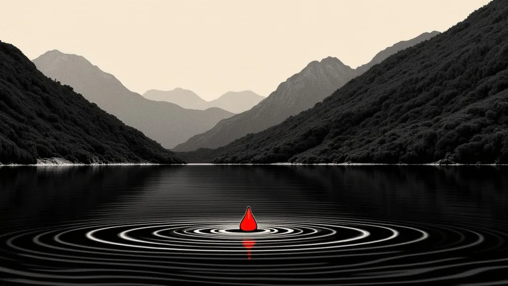 Ink and halftone illustration of a single bright red water droplet on the black surface of a vast still reservoir, one ring of ripple spreading from it