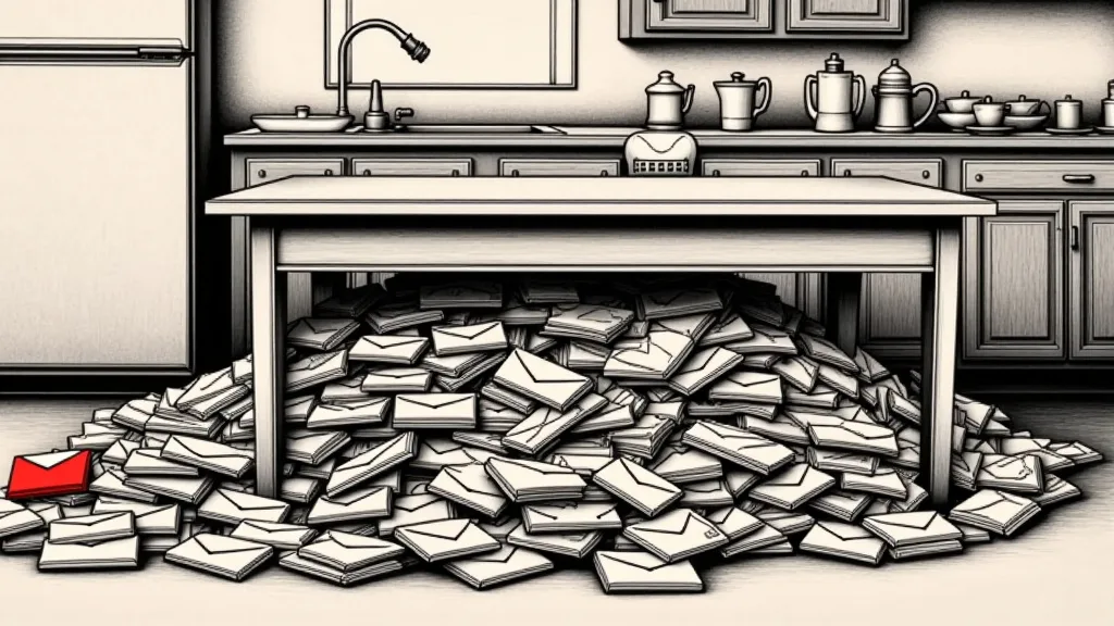 Ink and halftone illustration of a kitchen table buried under a deep drift of identical grey opened envelopes spilling across the floor, one envelope in the pile bright red