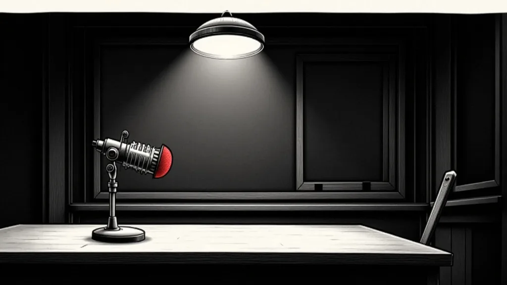 Ink and halftone illustration of a broadcast microphone alone on a bare desk in a dark empty studio under one hard overhead light, its windscreen bright red