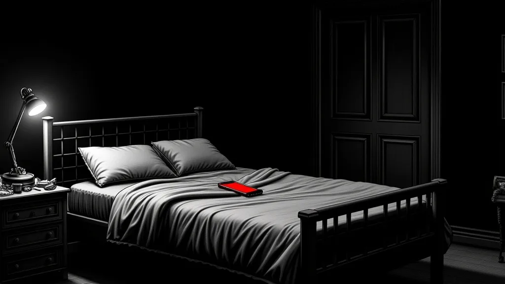 Ink and halftone illustration of a dark bedroom at night, a phone lying face up on the bed with its screen burning bright red into the black room