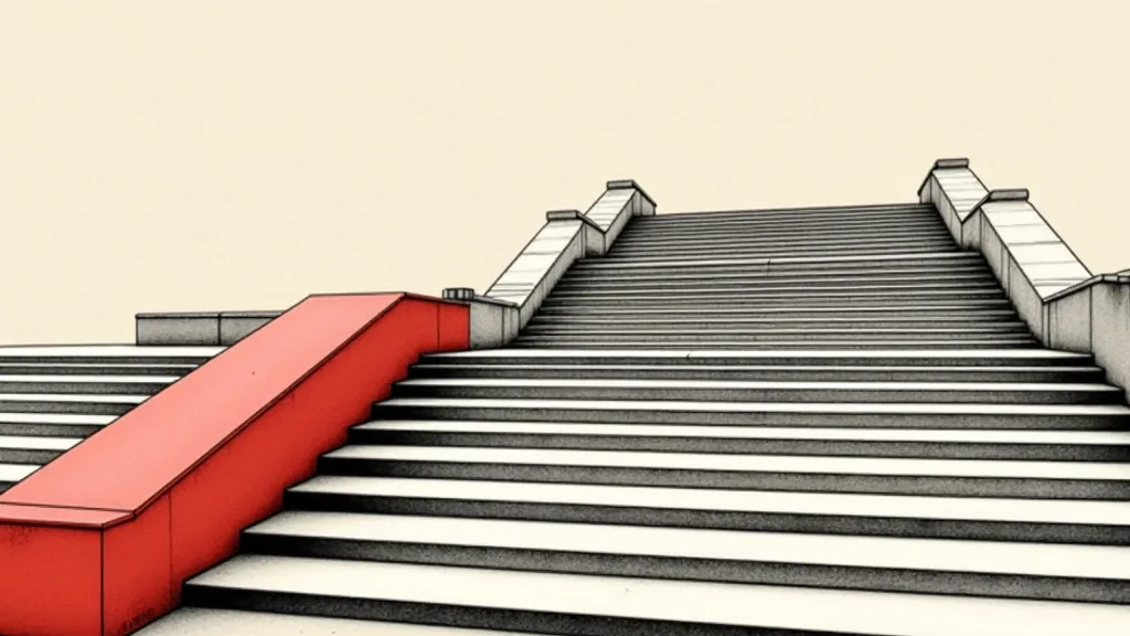 Ink and halftone illustration of a wide flight of grey stone steps with a single bright red concrete ramp cutting diagonally up through them