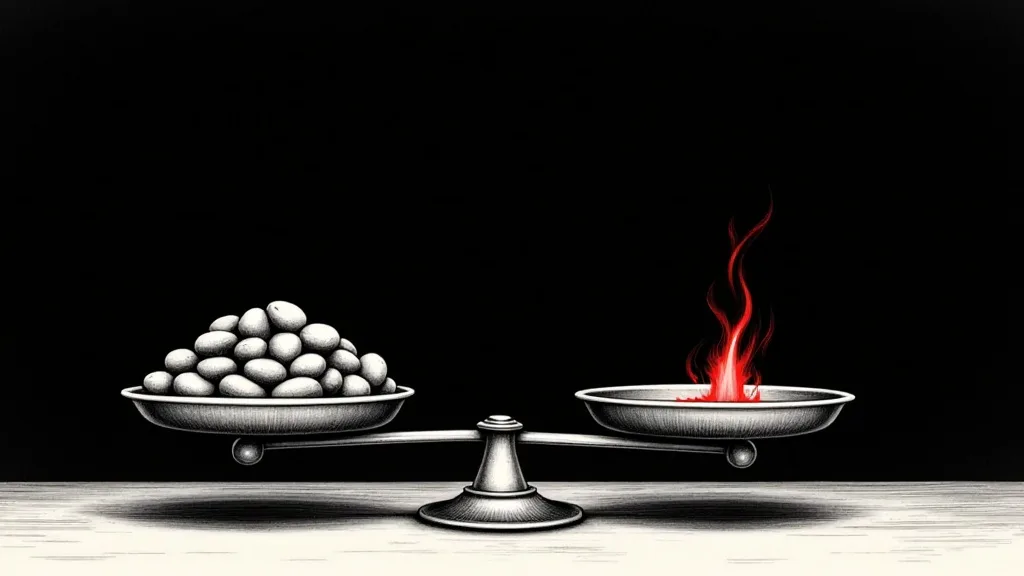 Ink and halftone illustration of an iron balance scale in a black room, one pan heaped with grey stones and tipped low, the other pan holding a red flame