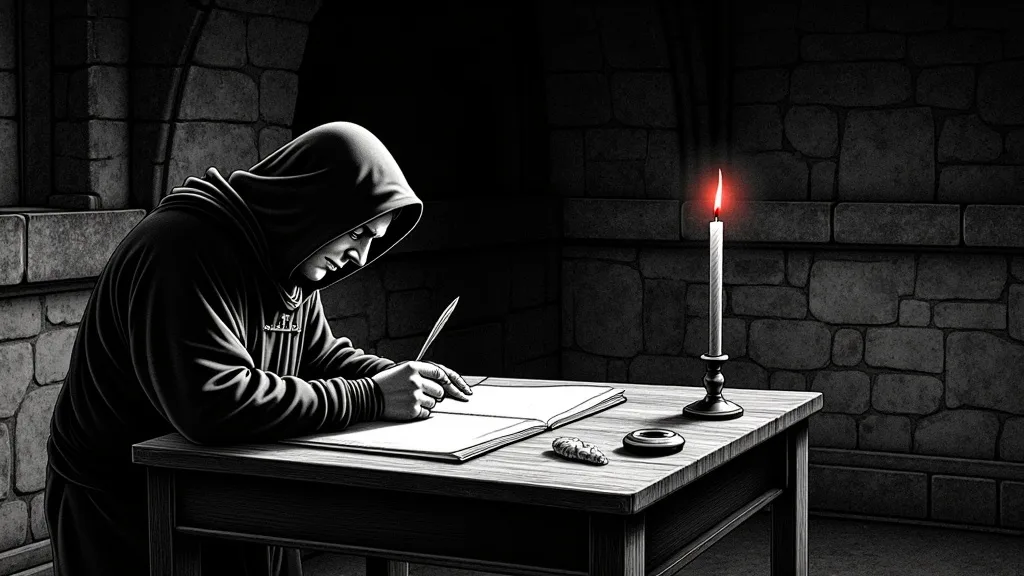 Ink and halftone illustration of a hooded monk copying at a slanted desk in a dark stone cell, a single red candle burning beside him