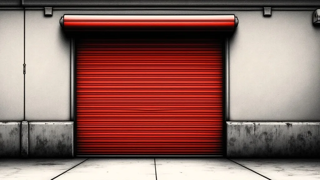 Ink and halftone illustration of a heavy corrugated red steel roller shutter pulled down and locked across an opening in a bare grey concrete wall