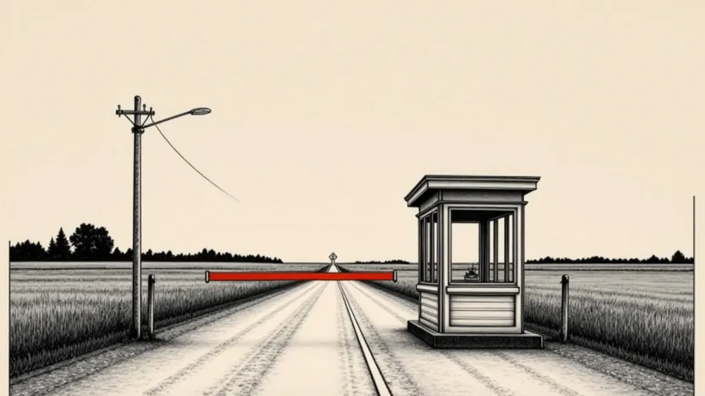 Ink and halftone illustration of a lone toll booth on an empty road through grey fields, its barrier arm lowered and painted bright red, nobody inside