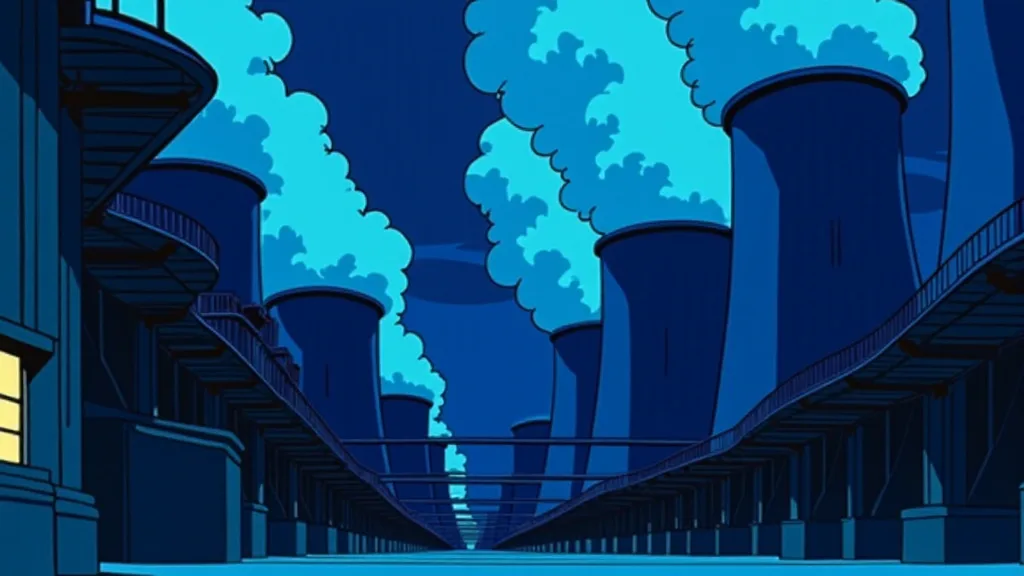 Towering cooling stacks releasing vapor into a night sky, one small lit amber window at the base of the nearest tower