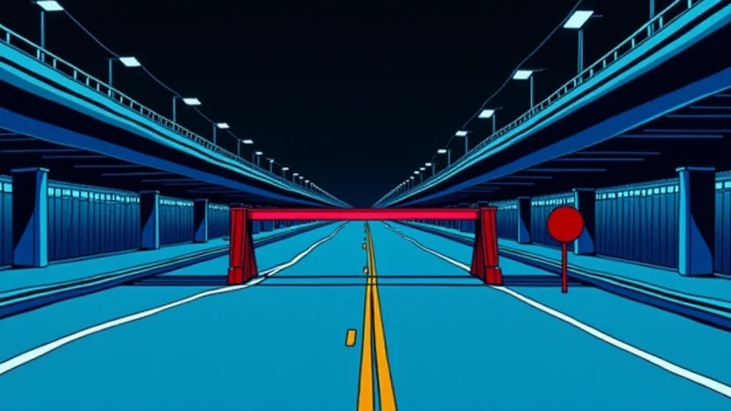 A red barrier gate lowered across an elevated highway between two lit overpasses, a red stop sign beside it, the road running out into black