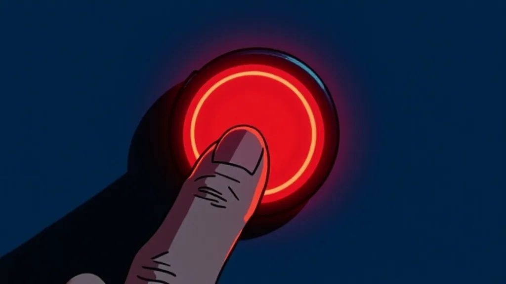 Close view of a fingertip pressing a large glowing round button in the dark