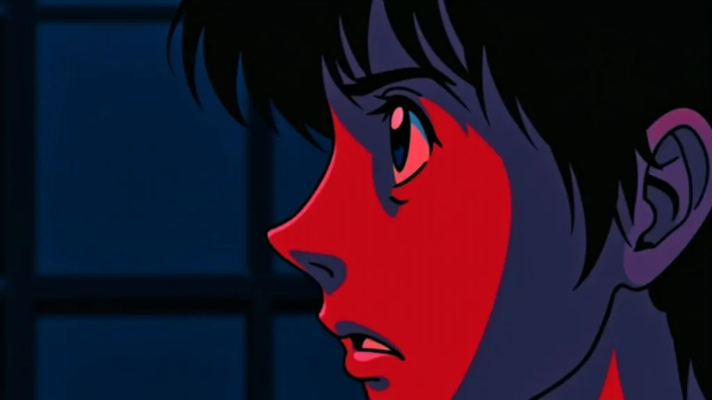 Close profile of a face lit hard red by an off-frame screen, eyes wide, a window grid in the dark behind