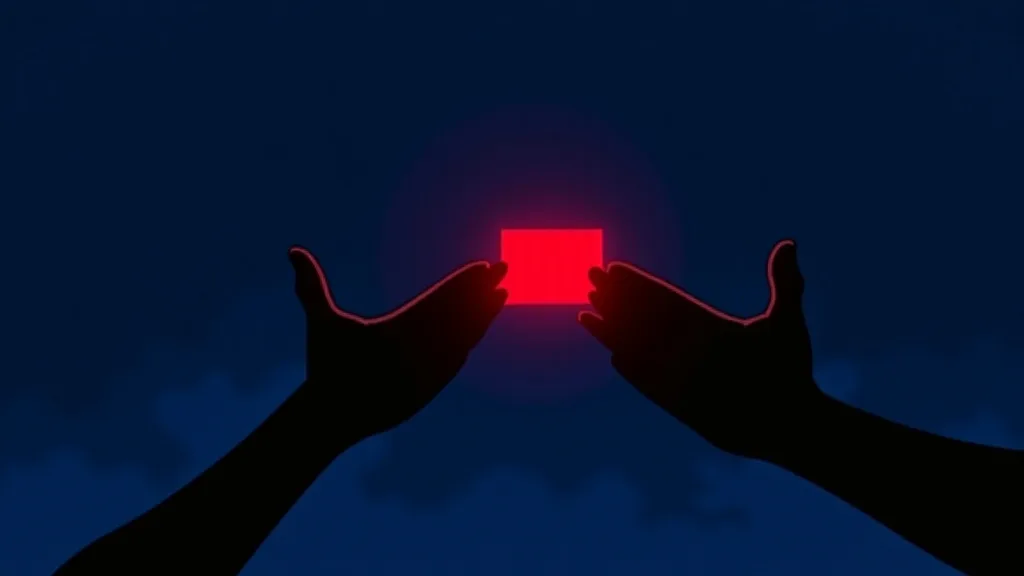 Two silhouetted hands passing a small glowing rectangle between them against a night sky