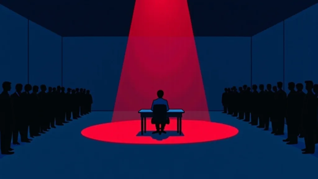 A lone figure at a small desk under a hard red spotlight, ringed by two banks of silhouetted standing figures