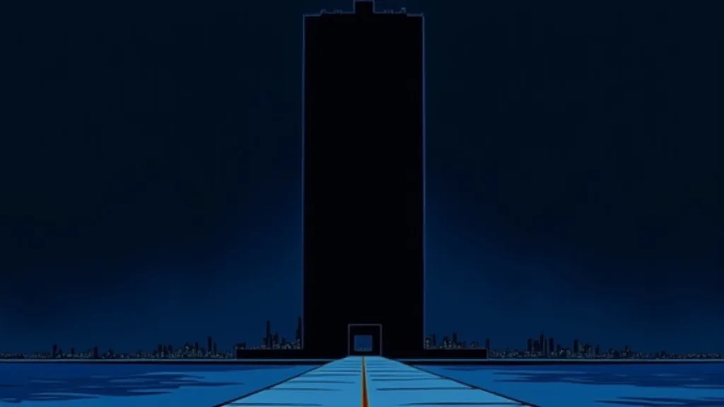 A monolithic black tower against a night sky, a city skyline small at its base, a road running toward it