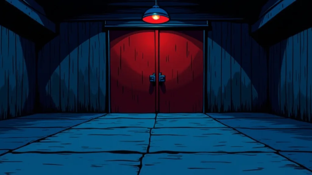 A red double door shut at the end of a corridor, one hanging lamp with a red bulb burning above it