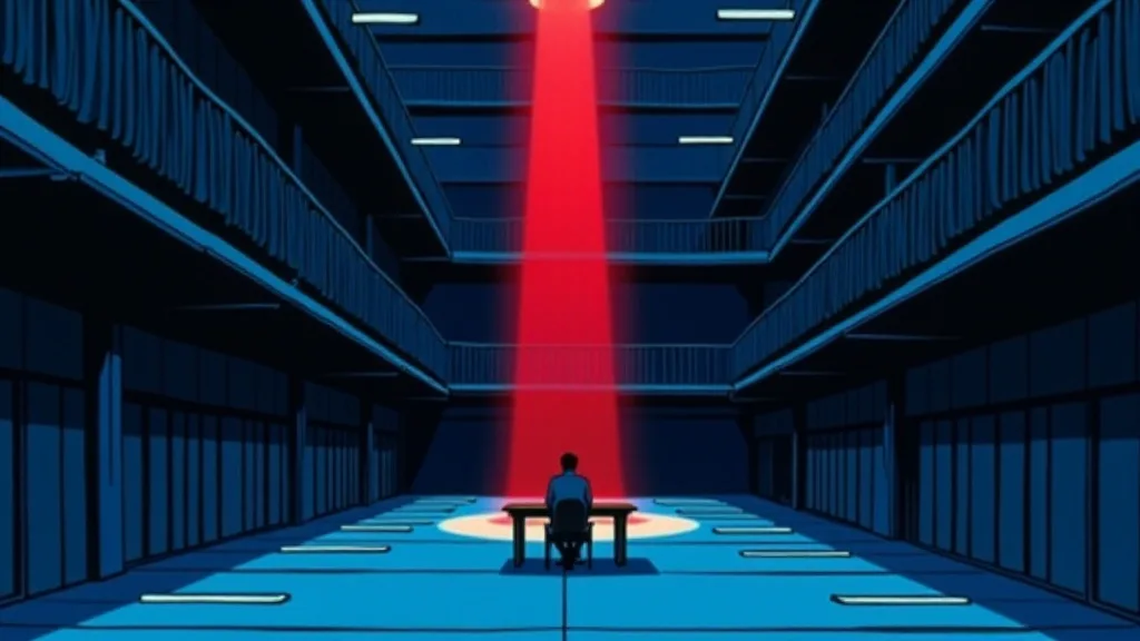 A vast dark room where a single sharp red beam drops from high above onto one small figure seated at a desk far below